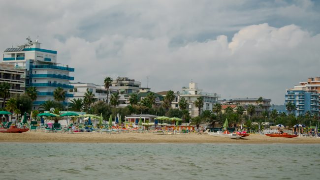 The beach with hotels and palm trees from San Benedetto del Tronto, Adriatic Sea, Ascoli Piceno, Italy