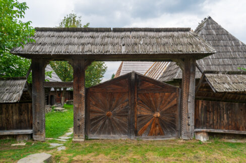 The wooden gate to the Dunca House II, Maramures Village Museum, Romania