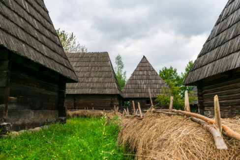 The fence between two wooden houses covered with hay, Maramures Village Museum, Romania