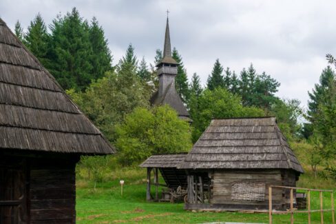 Shed for wagon, firewood, and agricultural tools close to a hangar, Maramures Village Museum, Romania
