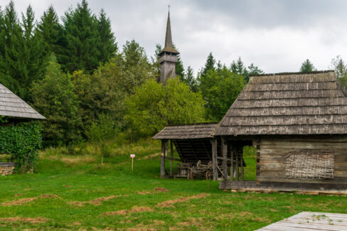 Shed for wagon, firewood, and agricultural tools close to a hangar, Maramures Village Museum, Romania