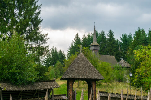 The entrance to the Wooden Church from Oncesti, Maramures Village Museum, Romania