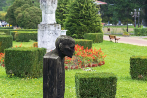 Wood Statue In The Central Park of Slanic Moldova, Bacau, Romania