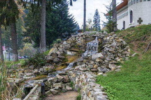 Waterfall in the central park of Slanic Moldova, Bacau, Romania